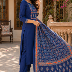Women BLUE Printed Round Neck Kurta with Straight Pants & Printed Dupatta