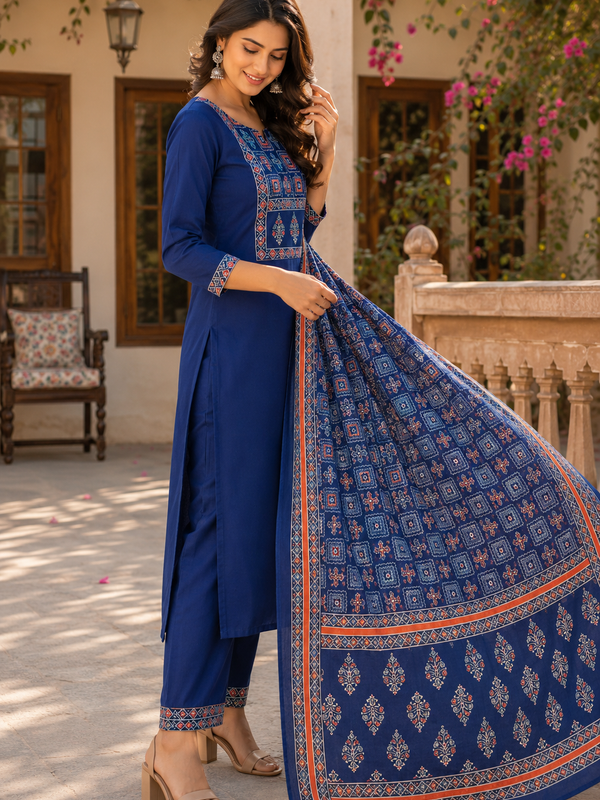 Women BLUE Printed Round Neck Kurta with Straight Pants & Printed Dupatta