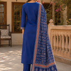 Women BLUE Printed Round Neck Kurta with Straight Pants & Printed Dupatta