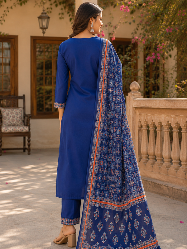 Women BLUE Printed Round Neck Kurta with Straight Pants & Printed Dupatta
