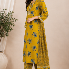 Women YELLOW Printed Round Neck Kurta with Straight Pants & Printed Dupatta