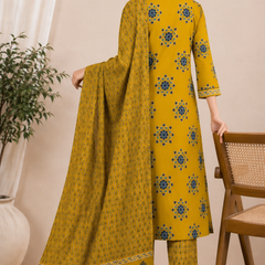 Women YELLOW Printed Round Neck Kurta with Straight Pants & Printed Dupatta