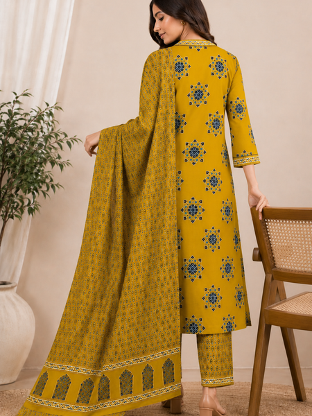 Women YELLOW Printed Round Neck Kurta with Straight Pants & Printed Dupatta
