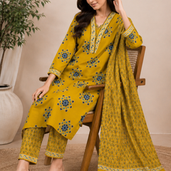 Women YELLOW Printed Round Neck Kurta with Straight Pants & Printed Dupatta