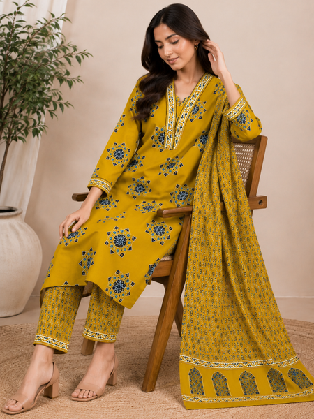 Women YELLOW Printed Round Neck Kurta with Straight Pants & Printed Dupatta