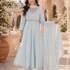 Miramaar Women's Sky Blue Cotton Anarkali Embroidered Kurta pant with Dupatta