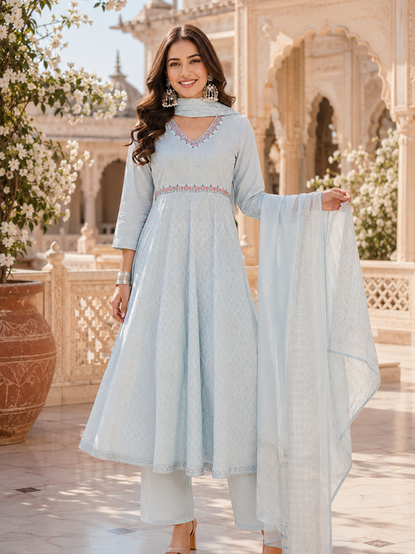 Miramaar Women's Sky Blue Cotton Anarkali Embroidered Kurta pant with Dupatta