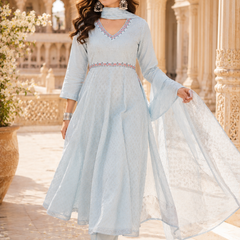 Miramaar Women's Sky Blue Cotton Anarkali Embroidered Kurta pant with Dupatta