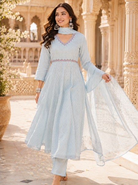 Miramaar Women's Sky Blue Cotton Anarkali Embroidered Kurta pant with Dupatta