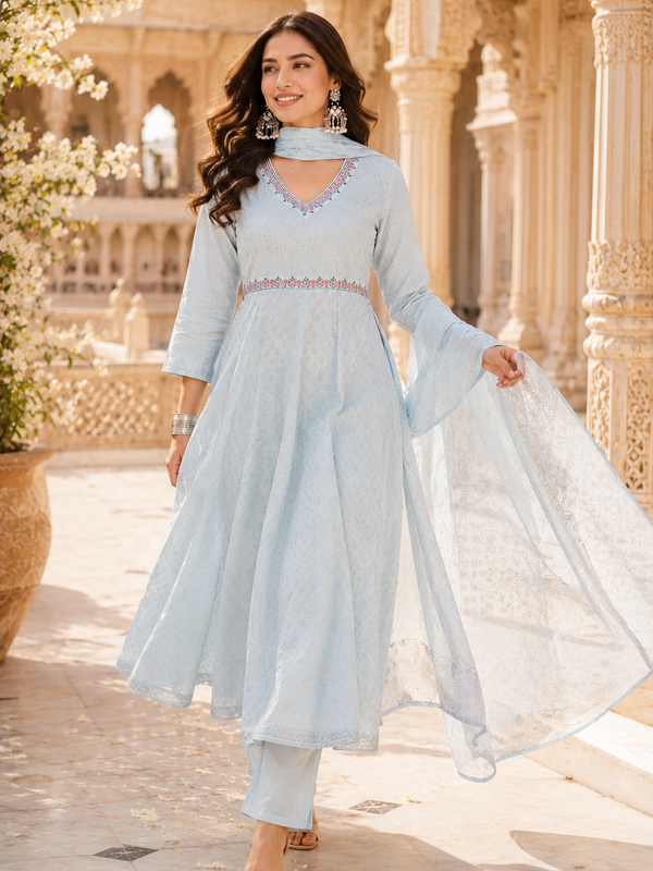Miramaar Women's Sky Blue Cotton Anarkali Embroidered Kurta pant with Dupatta