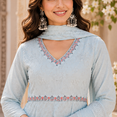 Miramaar Women's Sky Blue Cotton Anarkali Embroidered Kurta pant with Dupatta