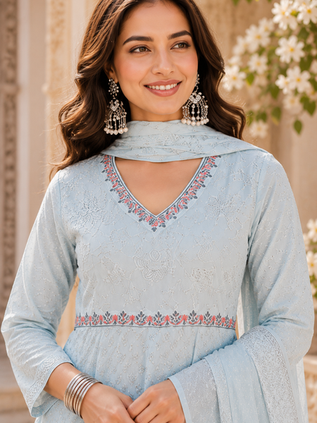 Miramaar Women's Sky Blue Cotton Anarkali Embroidered Kurta pant with Dupatta