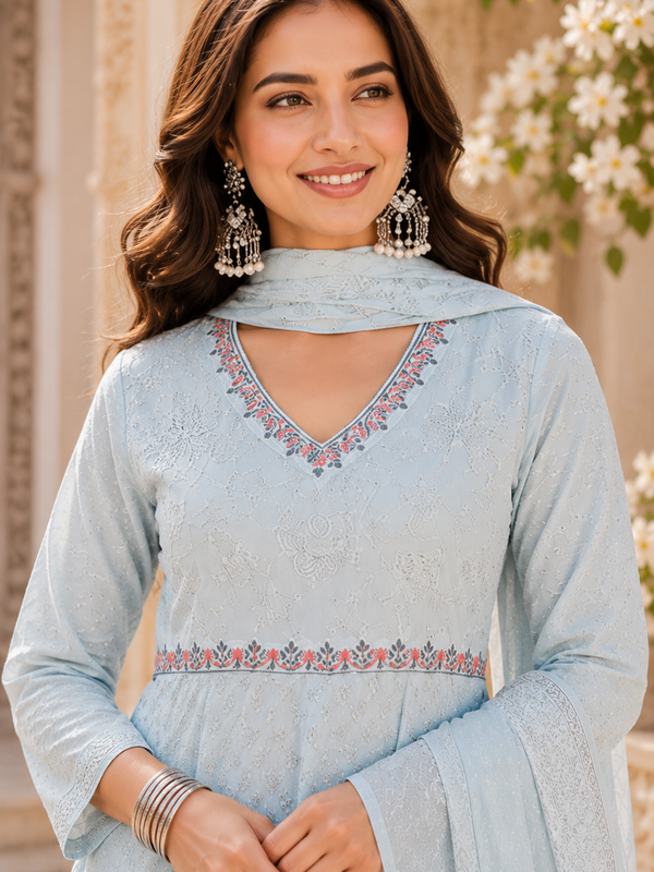 Miramaar Women's Sky Blue Cotton Anarkali Embroidered Kurta pant with Dupatta