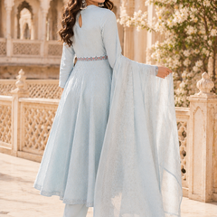 Miramaar Women's Sky Blue Cotton Anarkali Embroidered Kurta pant with Dupatta