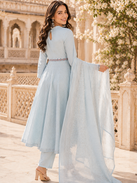 Miramaar Women's Sky Blue Cotton Anarkali Embroidered Kurta pant with Dupatta