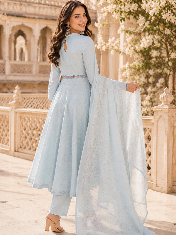 Miramaar Women's Sky Blue Cotton Anarkali Embroidered Kurta pant with Dupatta