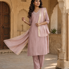 Royal Purple Roman Silk Straight Kurta Set with Dupatta
