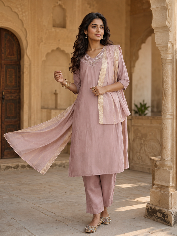 Royal Purple Roman Silk Straight Kurta Set with Dupatta