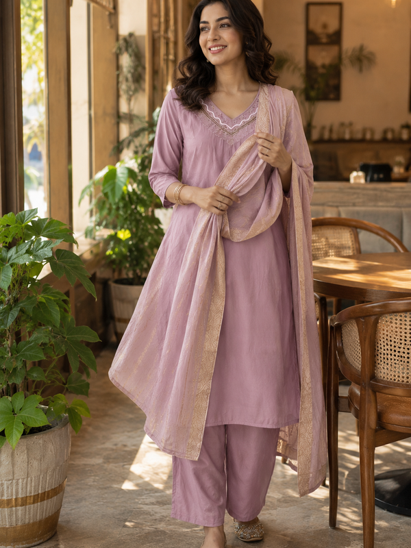 Royal Purple Roman Silk Straight Kurta Set with Dupatta