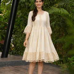 Miramaar  Women's White Cotton Lurex Lace work Fit & Flare Dress