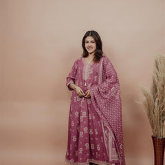 Miramaar Women's Mauve Anarkali Floral Printed Hand Work Kurta Dupatta Set
