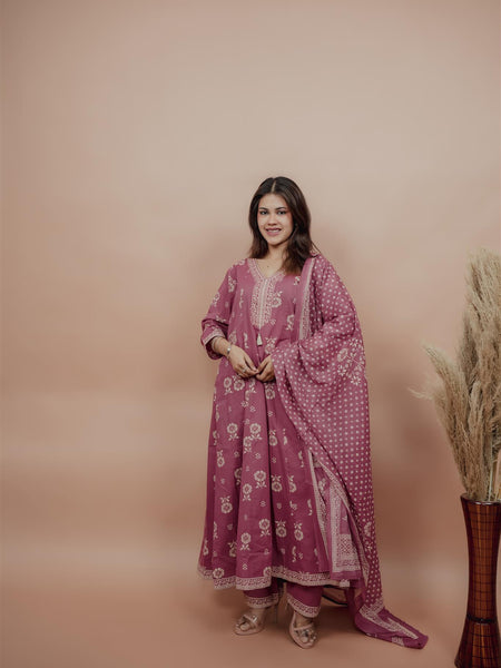 Miramaar Women's Mauve Anarkali Floral Printed Hand Work Kurta Dupatta Set
