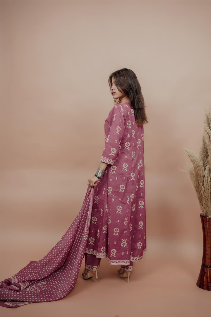 Miramaar Women's Mauve Anarkali Floral Printed Hand Work Kurta Dupatta Set