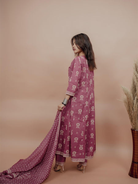 Miramaar Women's Mauve Anarkali Floral Printed Hand Work Kurta Dupatta Set