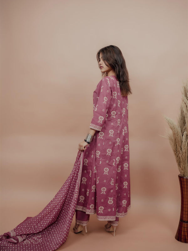 Miramaar Women's Mauve Anarkali Floral Printed Hand Work Kurta Dupatta Set