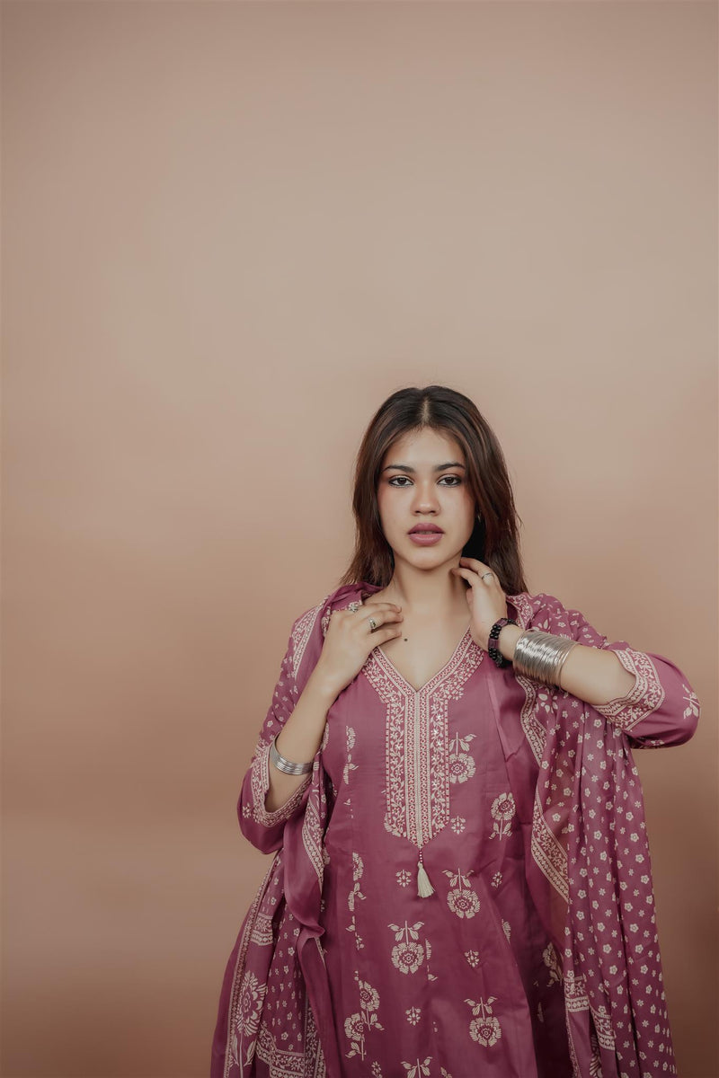 Miramaar Women's Mauve Anarkali Floral Printed Hand Work Kurta Dupatta Set