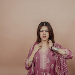 Miramaar Women's Mauve Anarkali Floral Printed Hand Work Kurta Dupatta Set