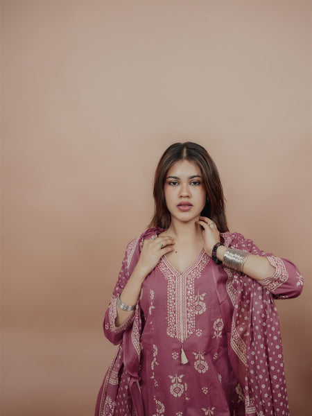 Miramaar Women's Mauve Anarkali Floral Printed Hand Work Kurta Dupatta Set