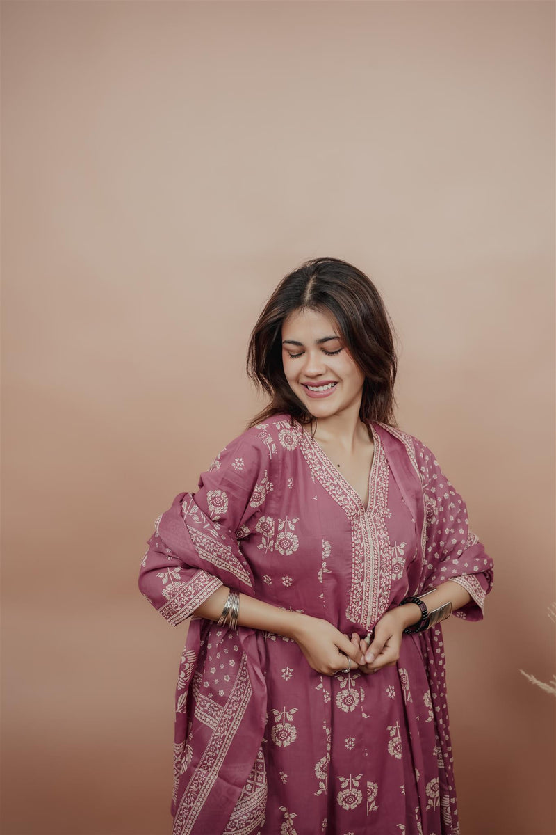 Miramaar Women's Mauve Anarkali Floral Printed Hand Work Kurta Dupatta Set