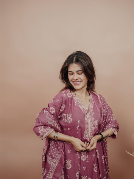 Miramaar Women's Mauve Anarkali Floral Printed Hand Work Kurta Dupatta Set