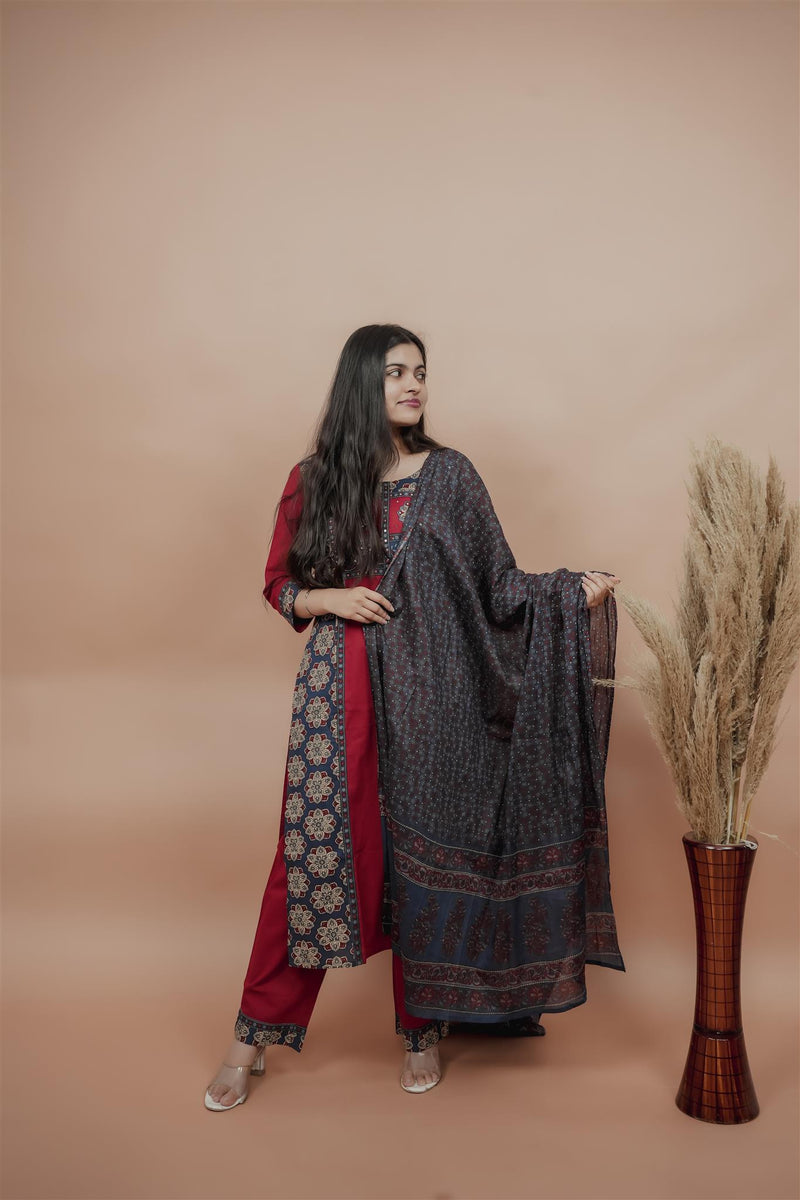 Miramaar Women's Red Straight Patch Work & Sequencing Kurta Dupatta Set