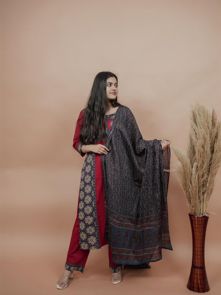 Miramaar Women's Red Straight Patch Work & Sequencing Kurta Dupatta Set