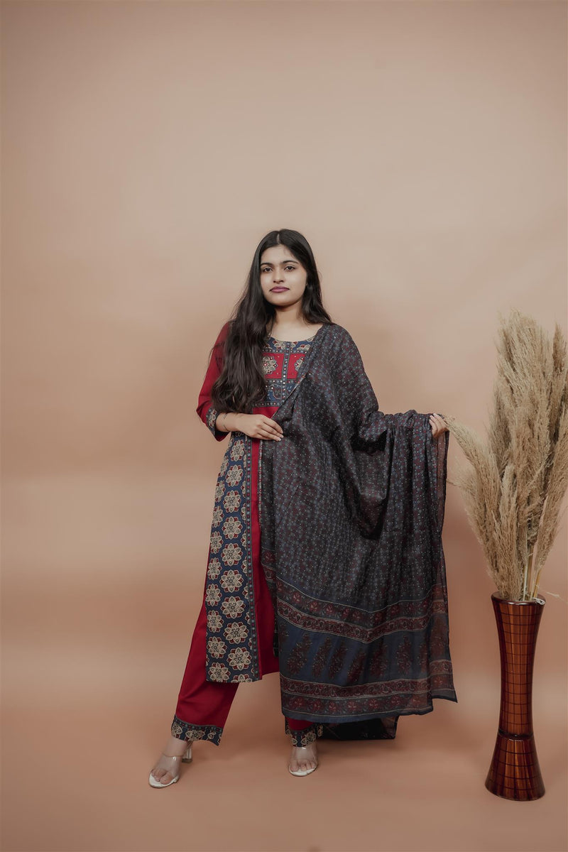 Miramaar Women's Red Straight Patch Work & Sequencing Kurta Dupatta Set