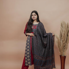 Miramaar Women's Red Straight Patch Work & Sequencing Kurta Dupatta Set