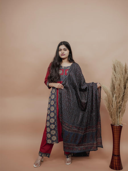 Miramaar Women's Red Straight Patch Work & Sequencing Kurta Dupatta Set