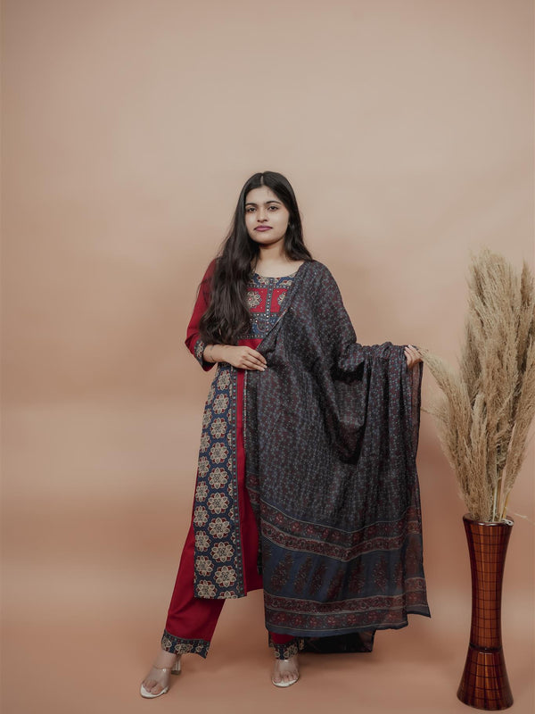 Miramaar Women's Red Straight Patch Work & Sequencing Kurta Dupatta Set