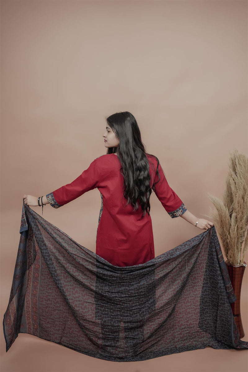 Miramaar Women's Red Straight Patch Work & Sequencing Kurta Dupatta Set