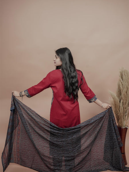 Miramaar Women's Red Straight Patch Work & Sequencing Kurta Dupatta Set