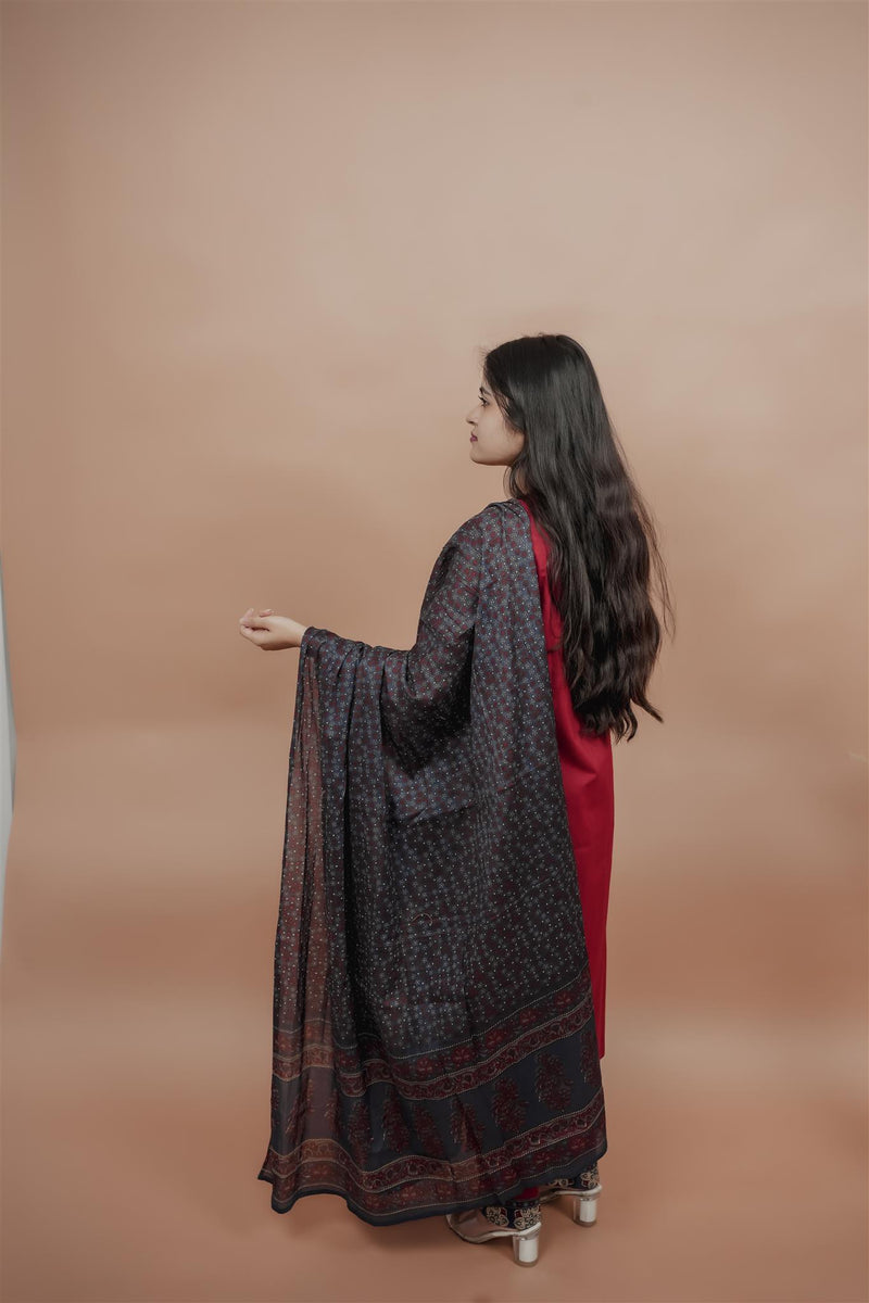 Miramaar Women's Red Straight Patch Work & Sequencing Kurta Dupatta Set