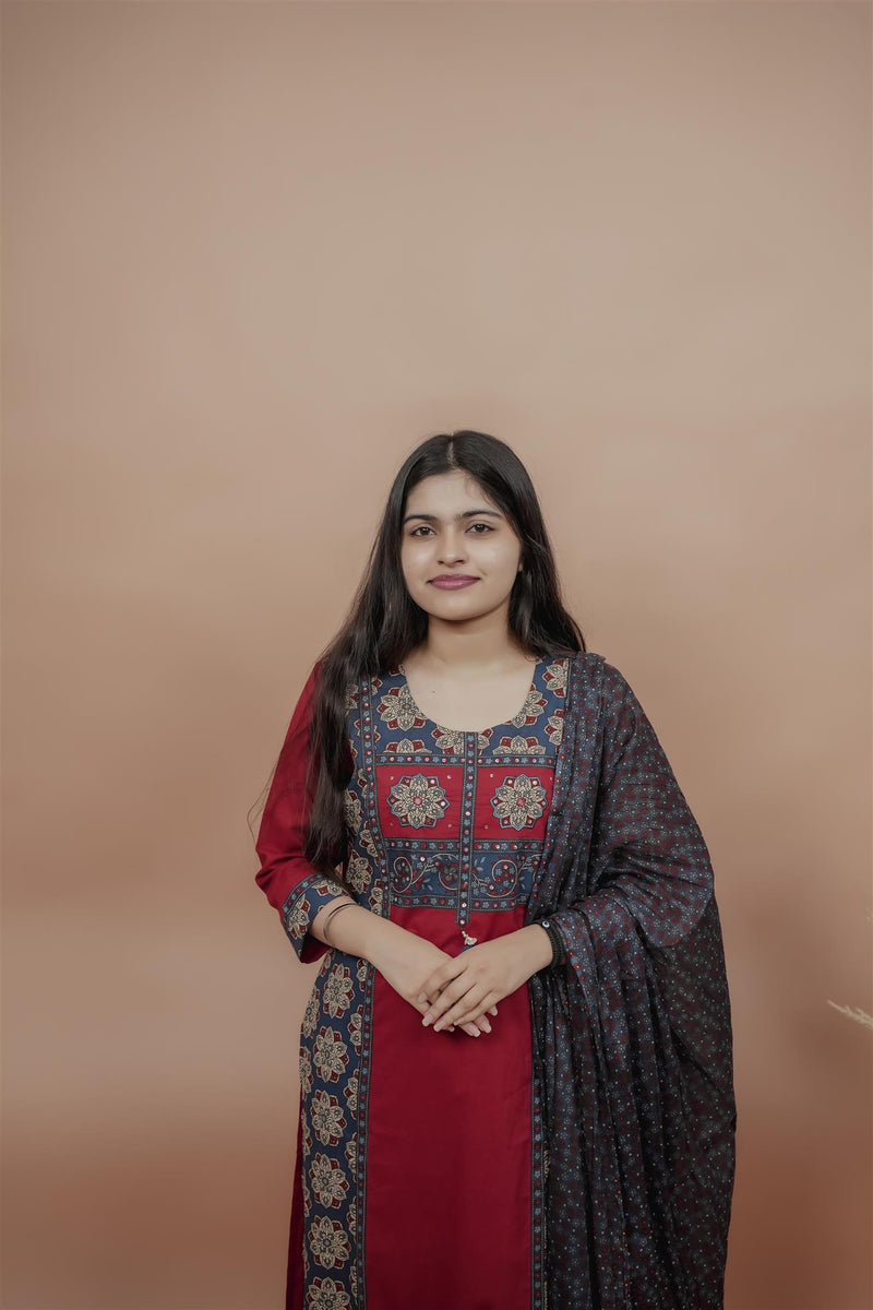 Miramaar Women's Red Straight Patch Work & Sequencing Kurta Dupatta Set
