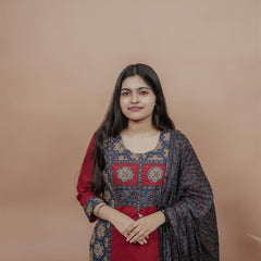 Miramaar Women's Red Straight Patch Work & Sequencing Kurta Dupatta Set