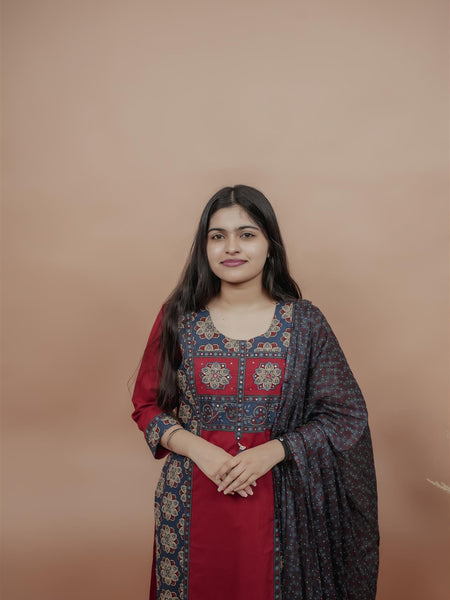 Miramaar Women's Red Straight Patch Work & Sequencing Kurta Dupatta Set