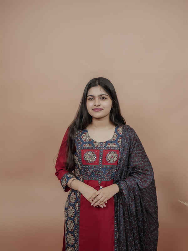 Miramaar Women's Red Straight Patch Work & Sequencing Kurta Dupatta Set