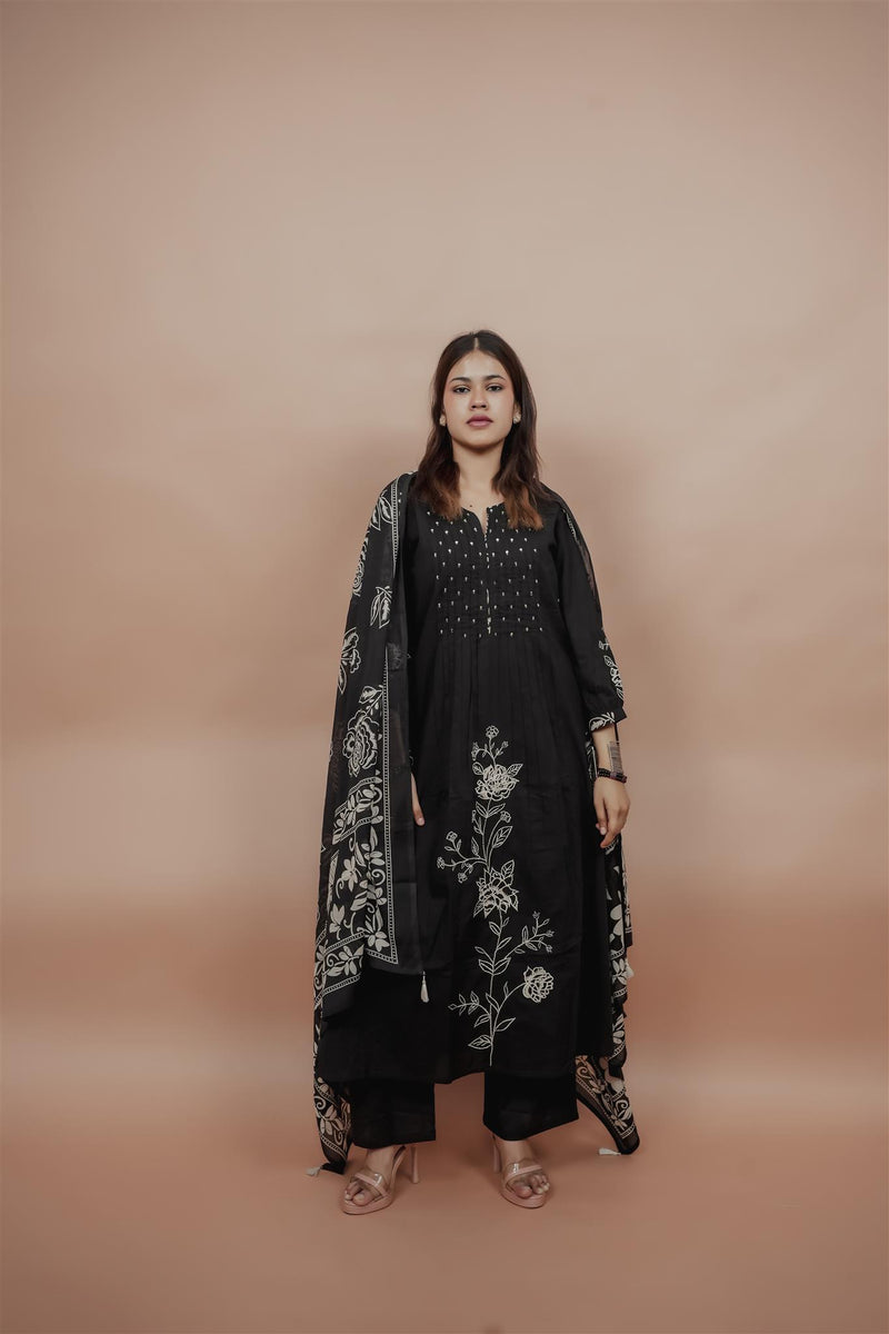 Miramaar Women's Black A-line Pintex & Sequencing Work Kurta Dupatta Set