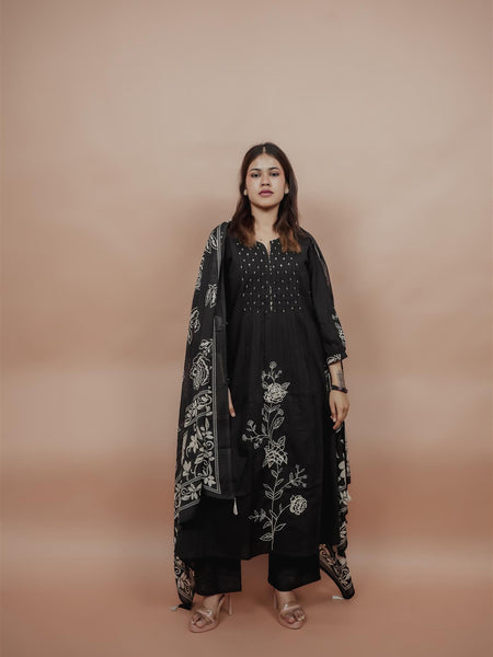 Miramaar Women's Black A-line Pintex & Sequencing Work Kurta Dupatta Set