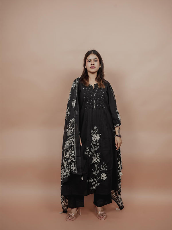 Miramaar Women's Black A-line Pintex & Sequencing Work Kurta Dupatta Set